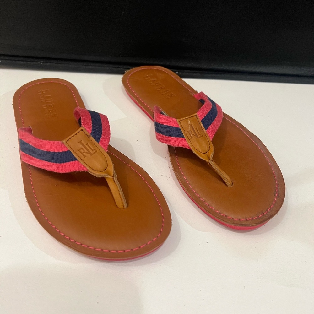 Ralph Lauren Pink and Navy Striped Canvas Leather Thong Sandals